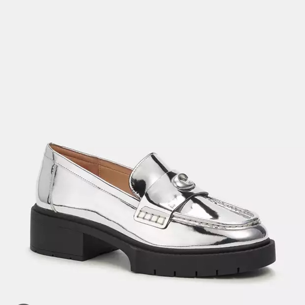 Coach Leah metallic leather Silver Loafers Chunky Heel black size 6 shoe